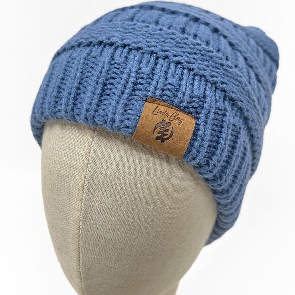 Denim Blue Beanie Hat Skully Women's Slouchy Thick Satin Lined Cap - Picture 1 of 7